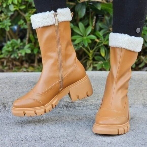 Women’s Tan Sherpa Faux Fur Ankle Booties Pull On with Side Zipper - Picture 5 of 5